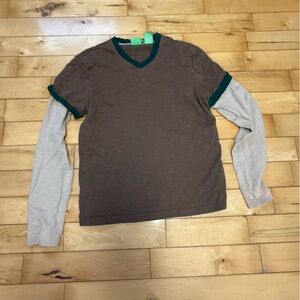 Men's Brown and Green V-Neck Long Sleeve Shirt